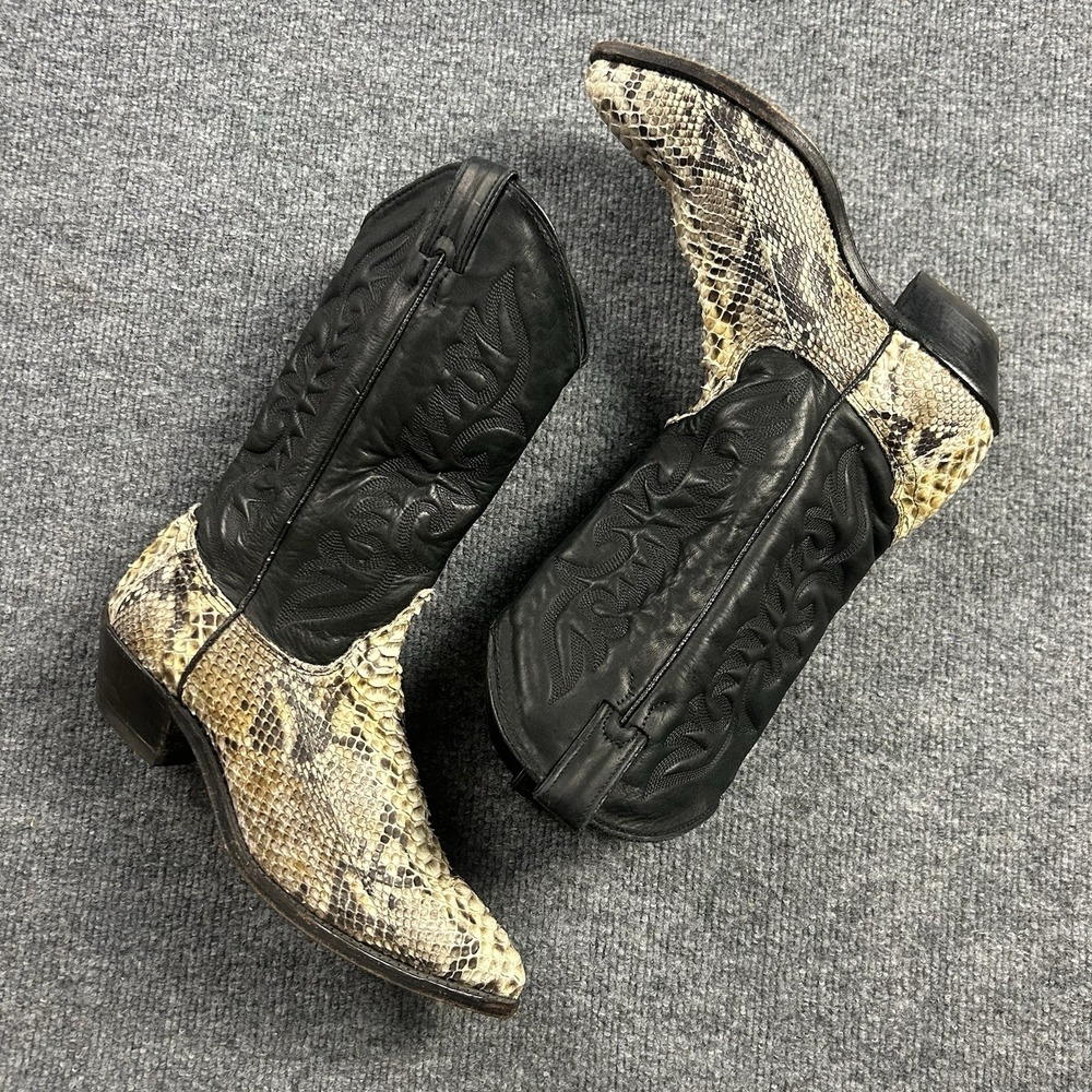 Abilene Mens Exotic Snakeskin Western Cowboy Boots Black Embroidered USA 7.5 M